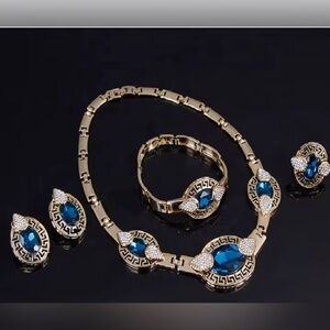 5pc GreeK 🇬🇷 key vintage Gold Blue crystal rhinestone Necklace Set BEAU DEFI